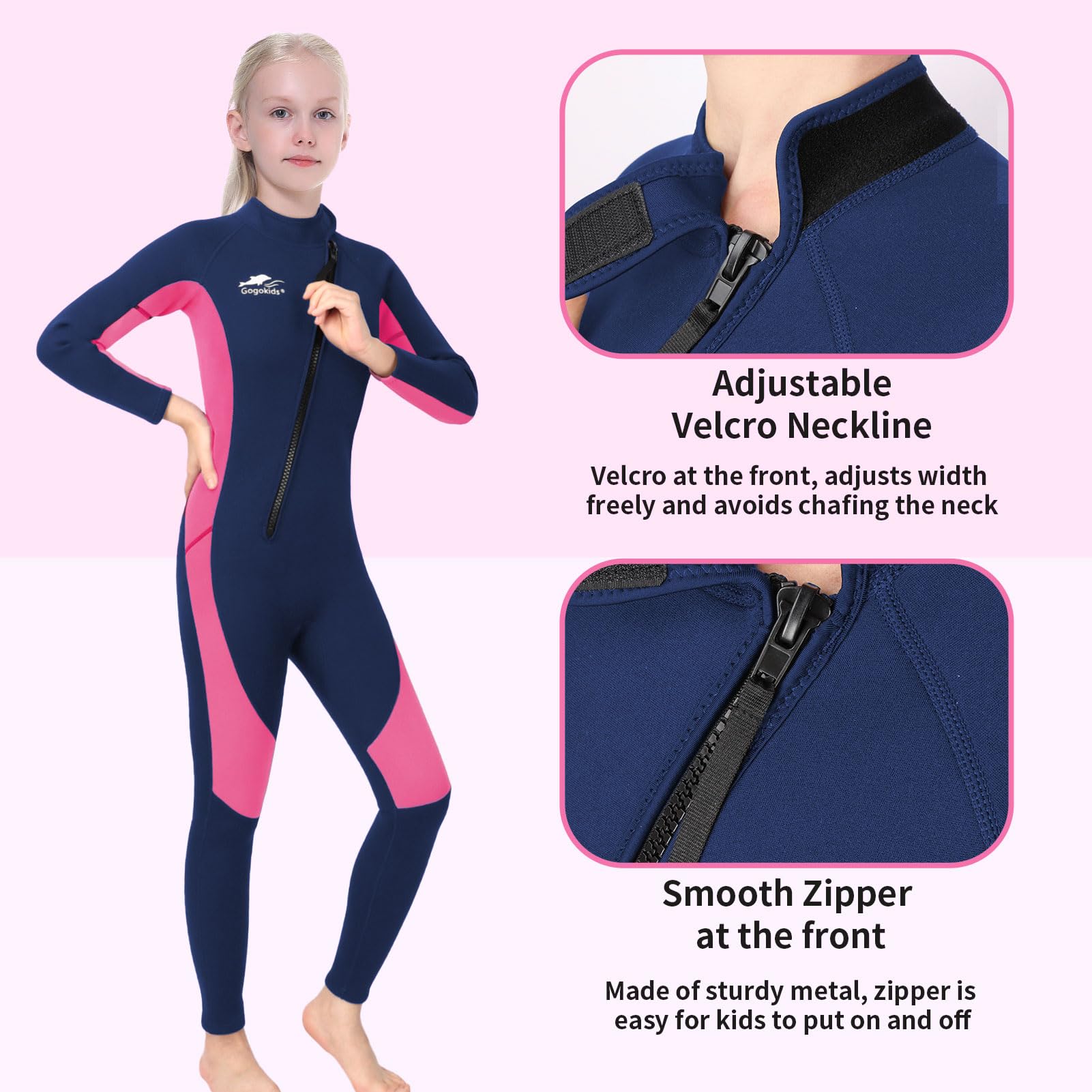 Gogokids Neoprenanzug Kinder, 8-16 Jahre Neopren Thermal Badeanzug, Front Zipper Lang Taucheranzug, UV 50+ Sonnenschutz Ideal für Schwimmen, Surfen, Tauchen