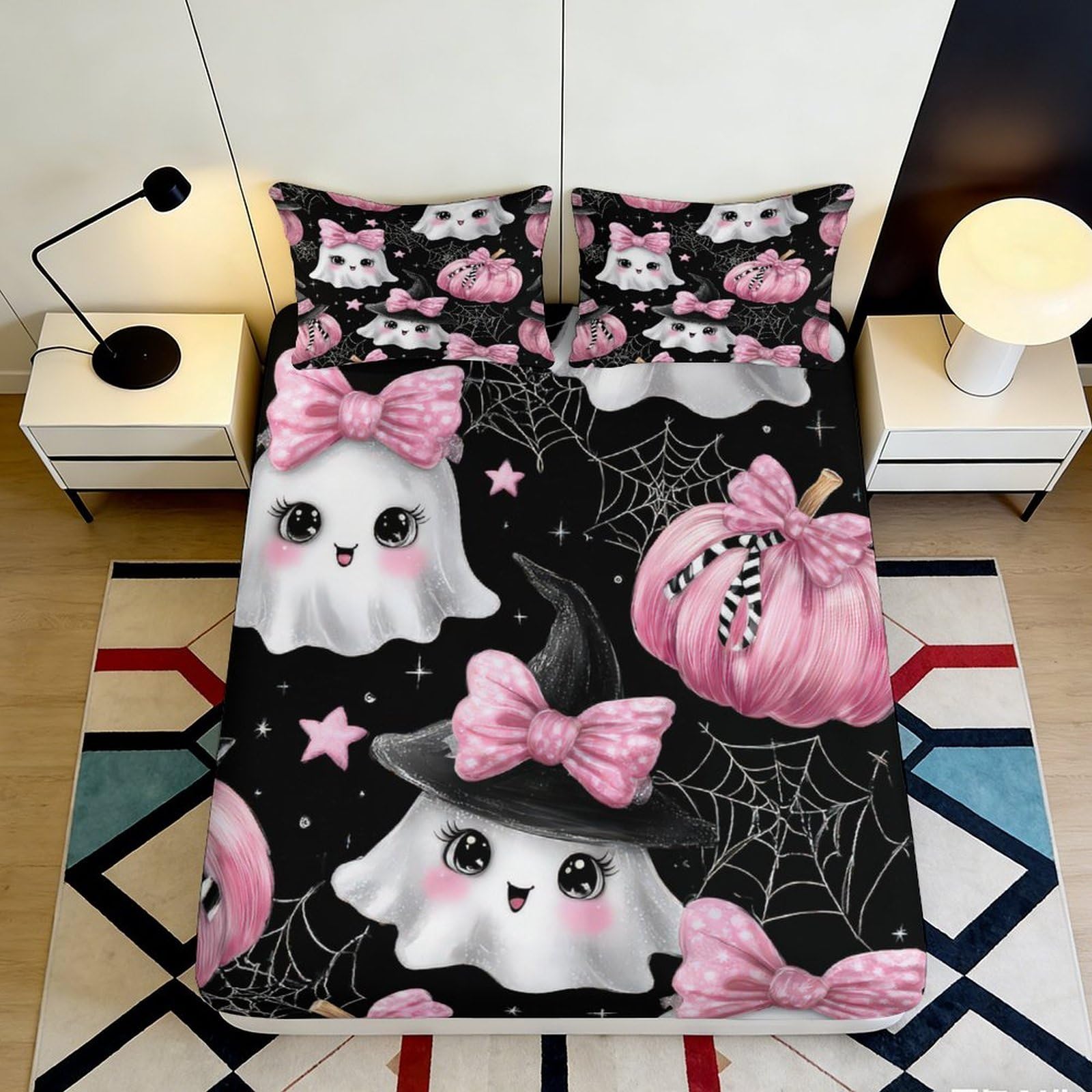 3D Printed Halloween Cute Ghost Fitted Sheet Microfiber Deep Pocket Bedroom Bedding Pink Pumpkin Mattress Fitted Cover All-Age Washable 160x200x25cm