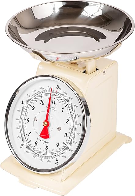Innoteck Essentials Kitchen Scales - Mechanical Kitchen Scale - Compact, Analogue, Easy to Read, 5 kg Capacity, Large Dial - Dishwasher Safe Detachable Bowl - Ingredients Measurement Scale - Cream