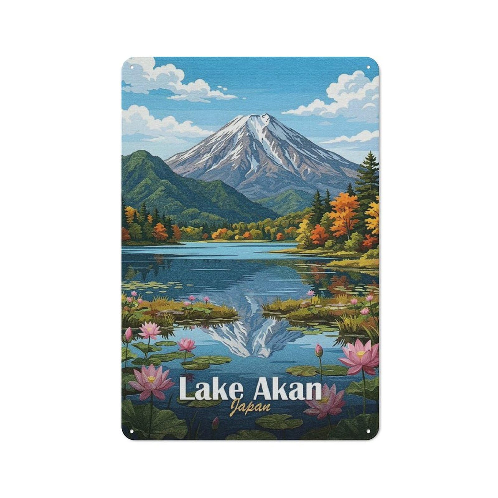 Junmoney Style-23 Lake Akan, Japan Landscape Rustic Tin Wall Plaque 30X20cm For Hobby Room Or Studio, A New Home Present For Creative Interior Collectors
