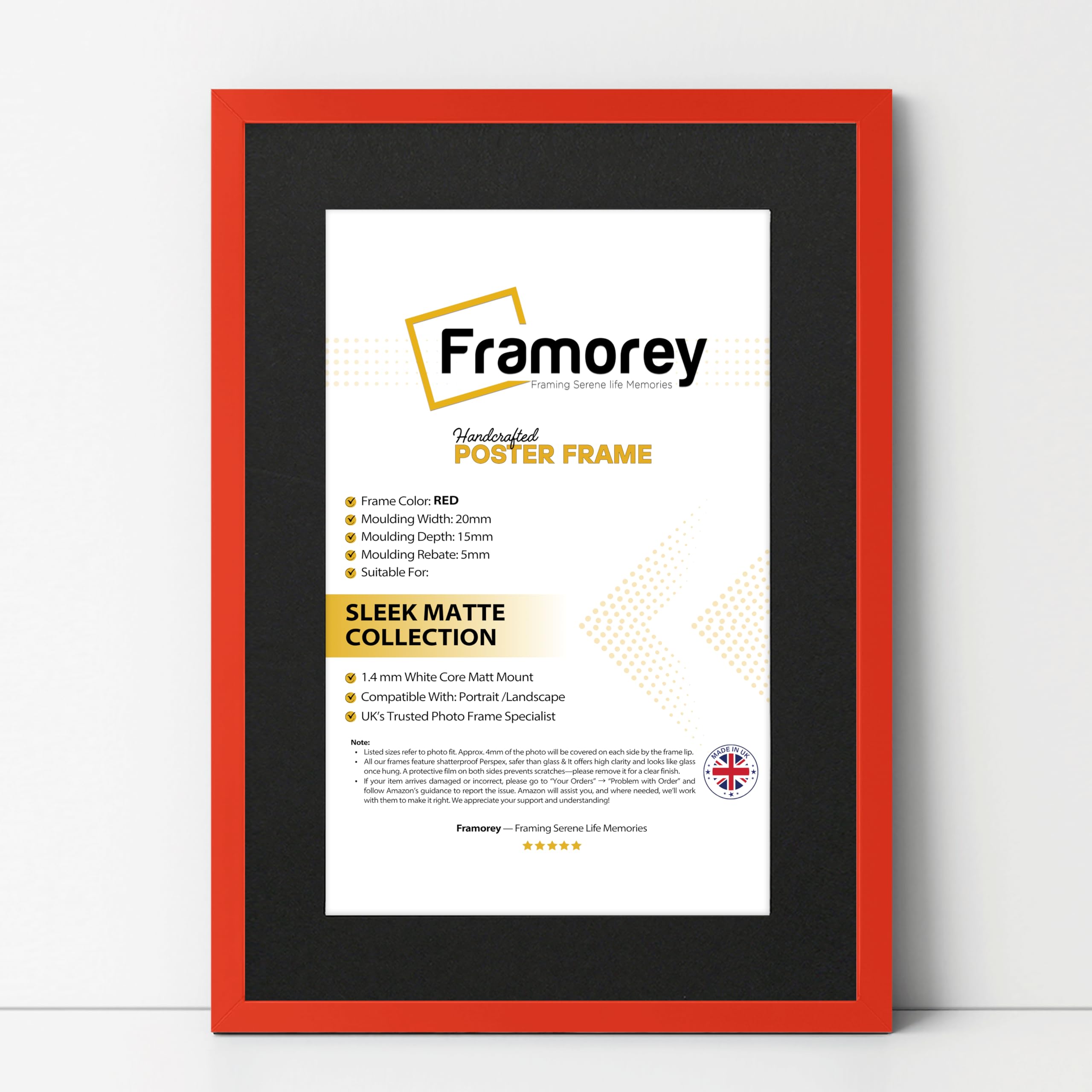 FRAMOREY Thin Matt Red Photo Frame 20x16" Size Picture Frame With 16x12" Size Black Mount, Flat Wooden Effect Photo Frame, Home Décor Frame, Wall Art Poster Frame