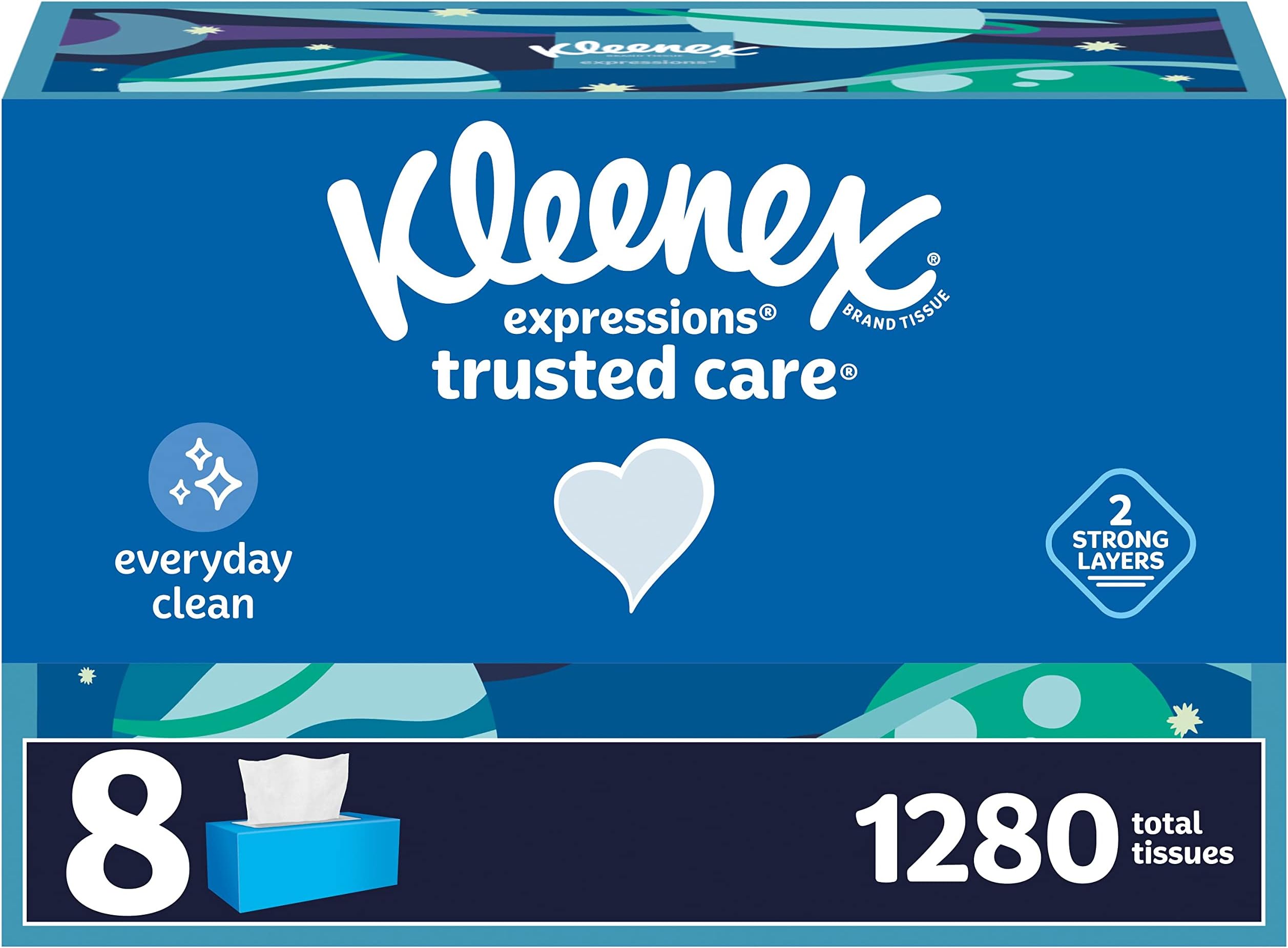 Expressions Trusted Care Facial Tissues, 8 Flat Boxes, 160 Tissues per Box, 2-Ply (1,280 Total Tissues), Packaging May Vary