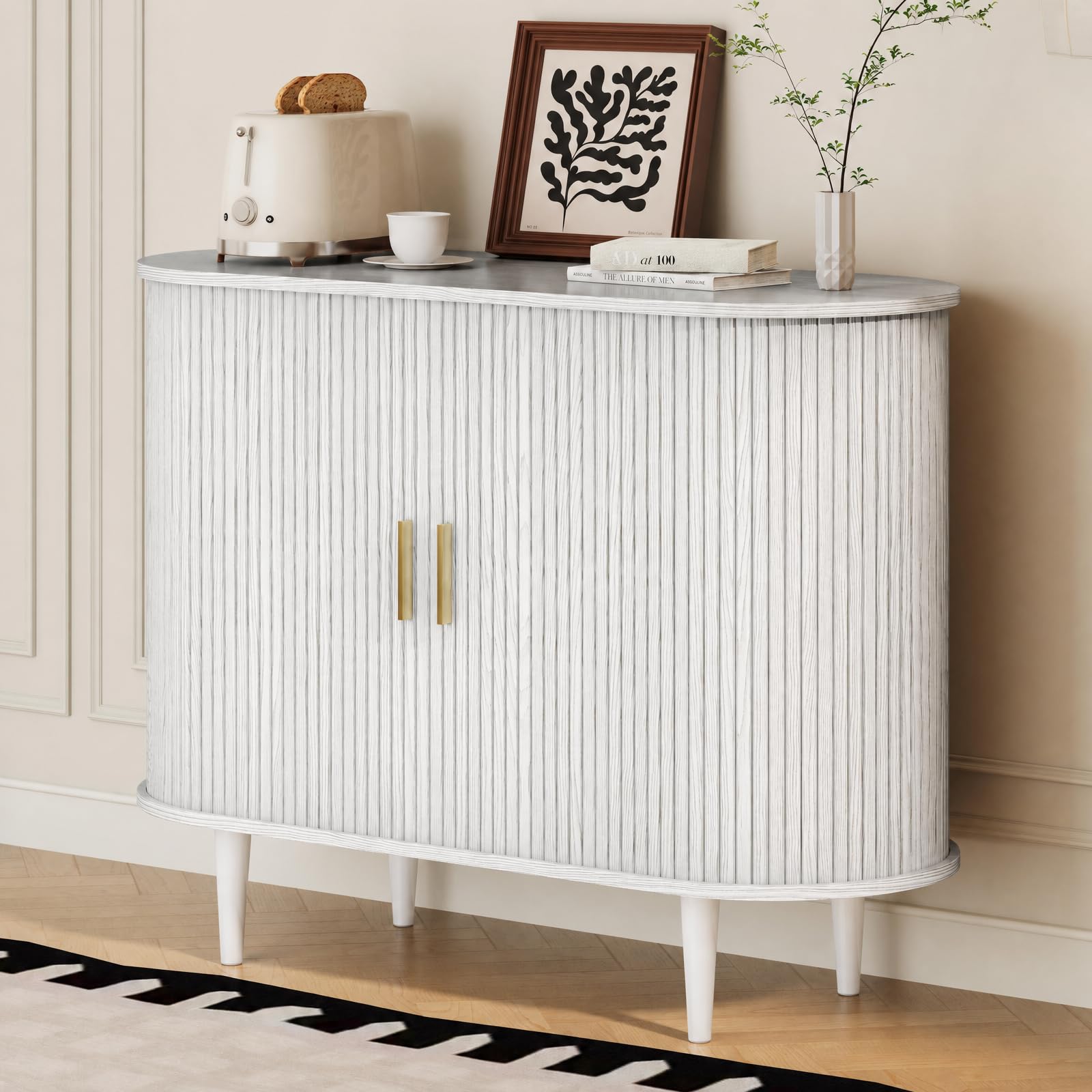 DHH Sideboard Buffet Cabinet with Storage,Mid Century Modern Fluted Accent Coffee Bar Console Table,Tambour Sliding Doors&amp; Adjustable Shelf for Kitchen, Living Room, Entryway (White, 40 Inch)