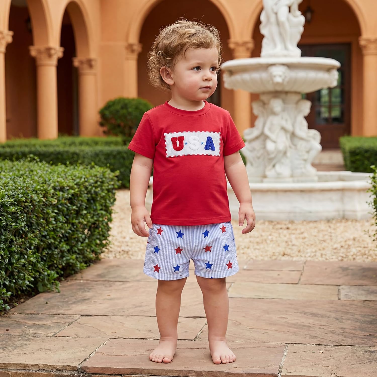 Baby Boy 2 Pieces Fourth of July Outfits Short Sleeve Letter Embroidery T-Shirt + Shorts Set