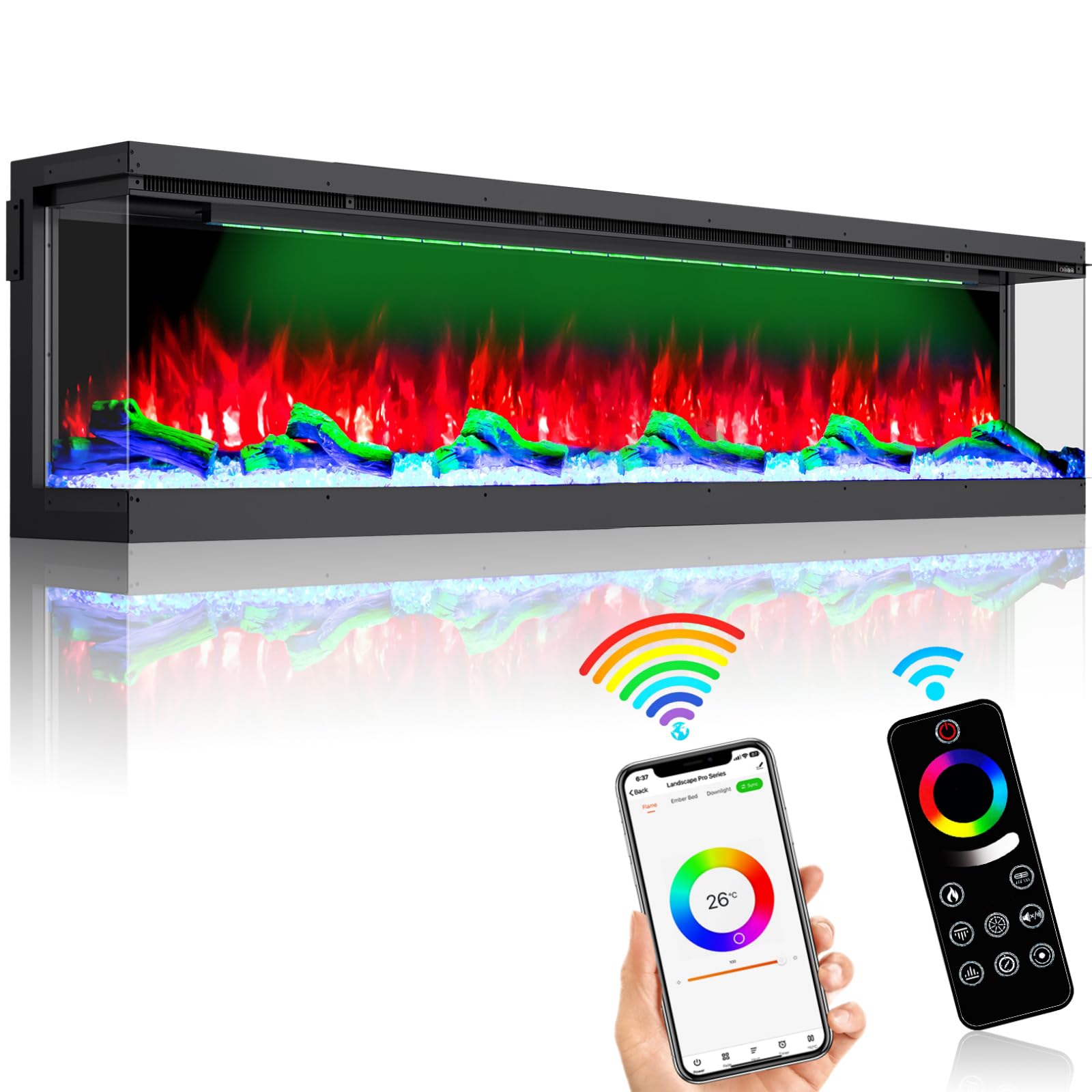 HIRESC Smart WiFi Electric Fireplace 100 Inch 3 Sided with App Control & 251 RGB Colors, Recessed Heater with 1500W/750W Dual Heat for Large Room,