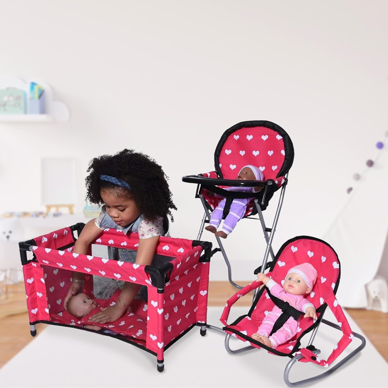 Mega Baby Doll Accessories Set, 3-1 Baby Doll Crib, Baby Doll High Chair & Bouncer Seat. 18 inch Doll Accessories with Doll Bed. 18" Dolls Furniture Play Stuff. Toys for Girls Ages 3-5,4-6,5-7,8-10 Pink Hearts