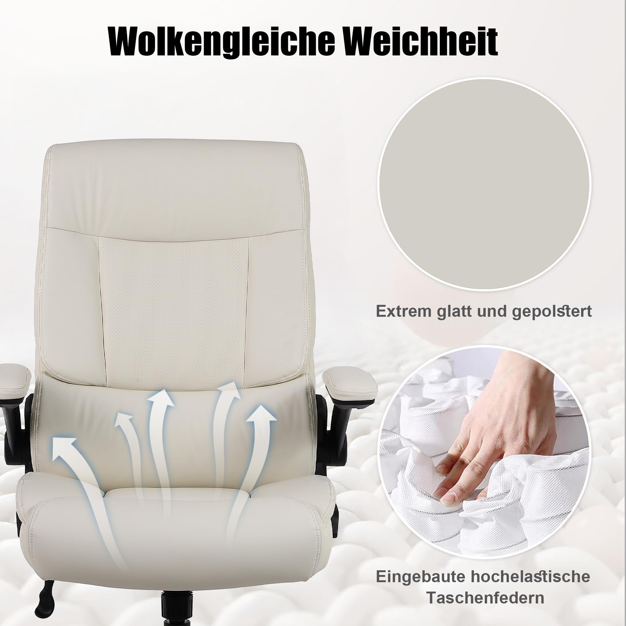 Youhauchair Bürostuhl 200kg für schwere Menschen, Chefsessel aus PU-Leder, Bürostuhl Ergonomisch mit hochklappbarer Armlehne, Schreibtischstuhl Office Chair für Home Office, Beige
