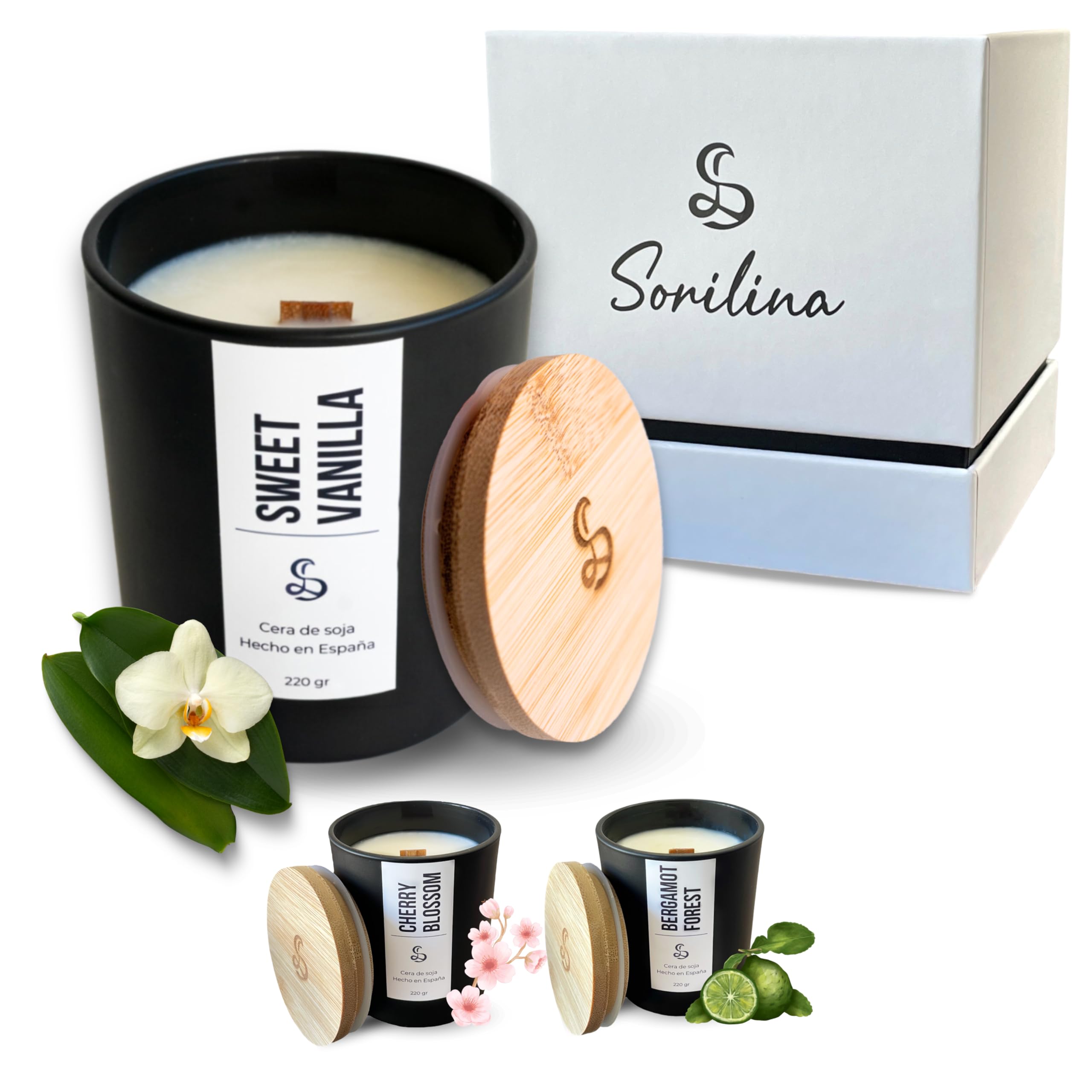 SORILINA Vela Aromática de Vainilla, Vela de Soja Natural con Mecha de Madera - Vela Perfumada Grande con Tapa y Caja para Regalo, Vela Decorativa - Larga Duración 220gr 55h - Hecho a Mano en España
