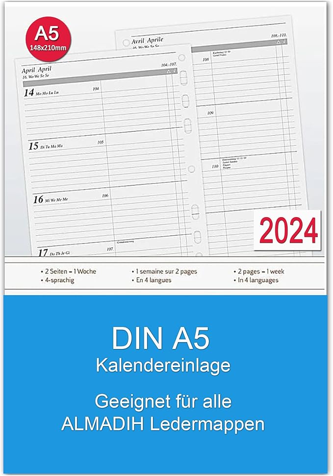 A5 Kalendereinlage 2024 für ALMADIH Ledermappen 1 Woche auf 2 Seiten