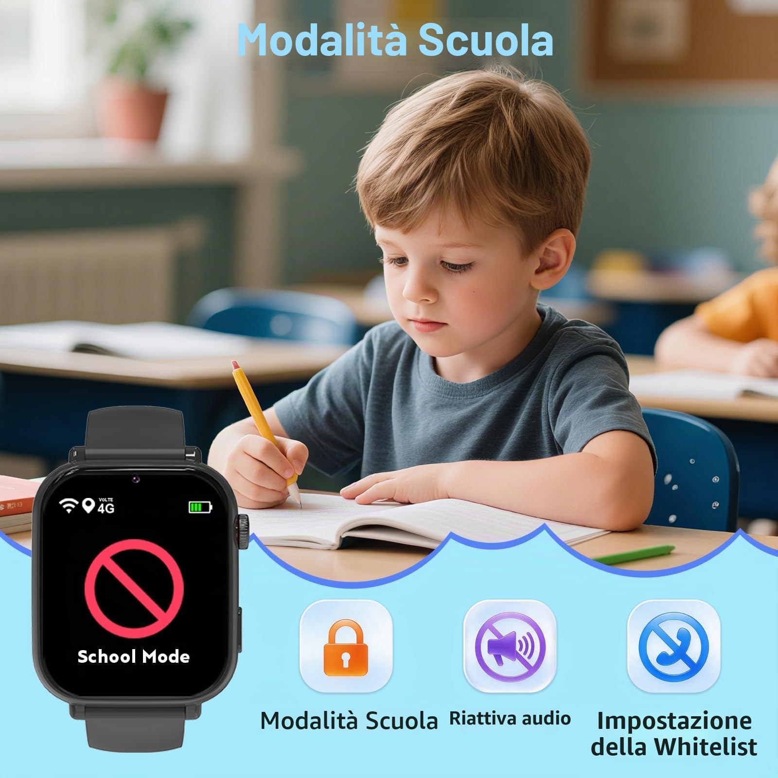 PTHTECHUS Smartwatch Bambini con Telefono 4G GPS Videochiamata Chat Vocale | Sveglia Contapassi Camera Modalità Classe, Orologio Smartwatch Bambino Bambina, Regalo per Ragazza e Ragazzo 4-12 Anni, Nero