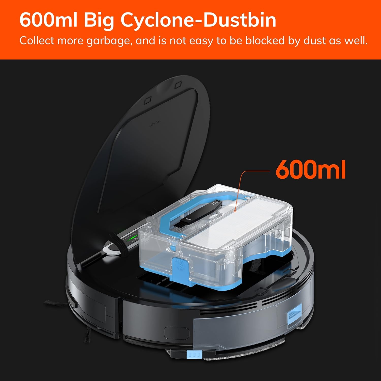 Open robot vacuum showing the 600ml dustbin