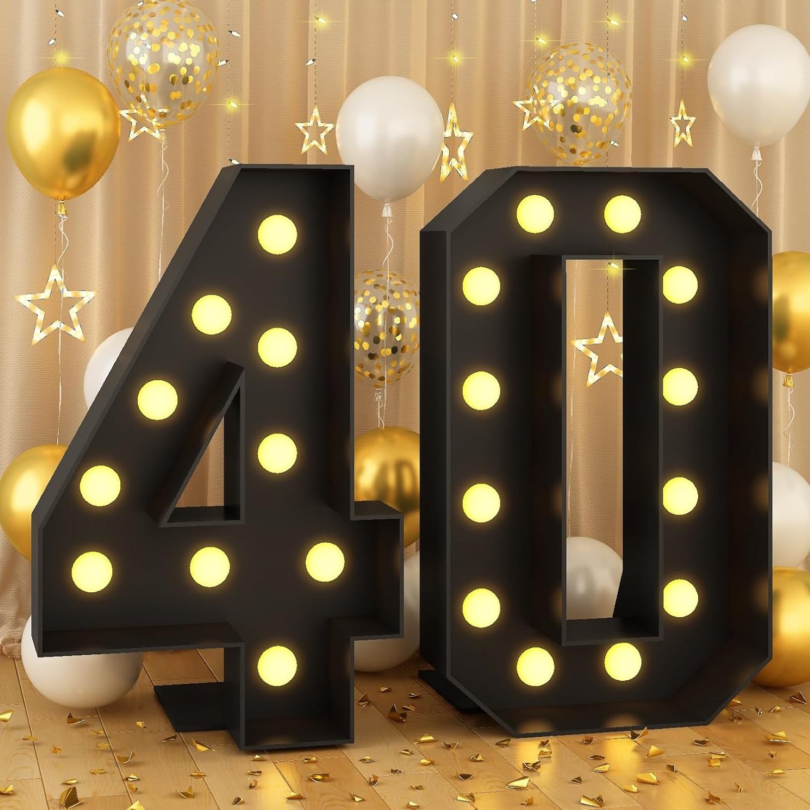 70cm-2.3ft Number 40 Decor Light Up Number for Birthday, Black Marquee Light Up Mosaic Pre-cut Foam Board Set for Balloons, Warm White Numbers Lamp Sign for Party