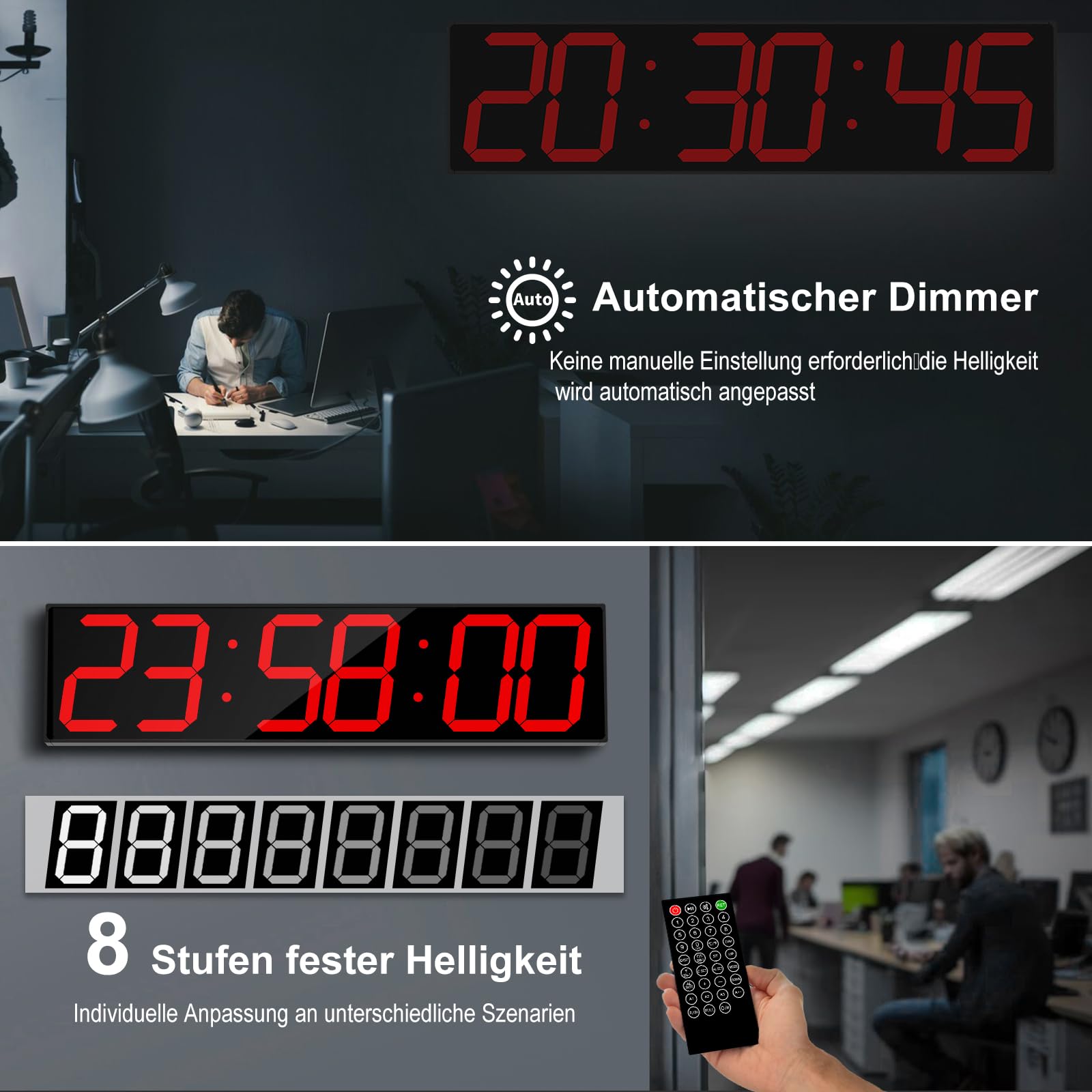 CHKOSDA 28,4-Zoll-Digital-Wanduhr, Digitale Uhr mit automatischer Zeitsynchronisation und einfacher Bedienung, große Wanduhr mit Countdown-Funktion, Wecker, Kalender und Temperaturanzeige (rot)
