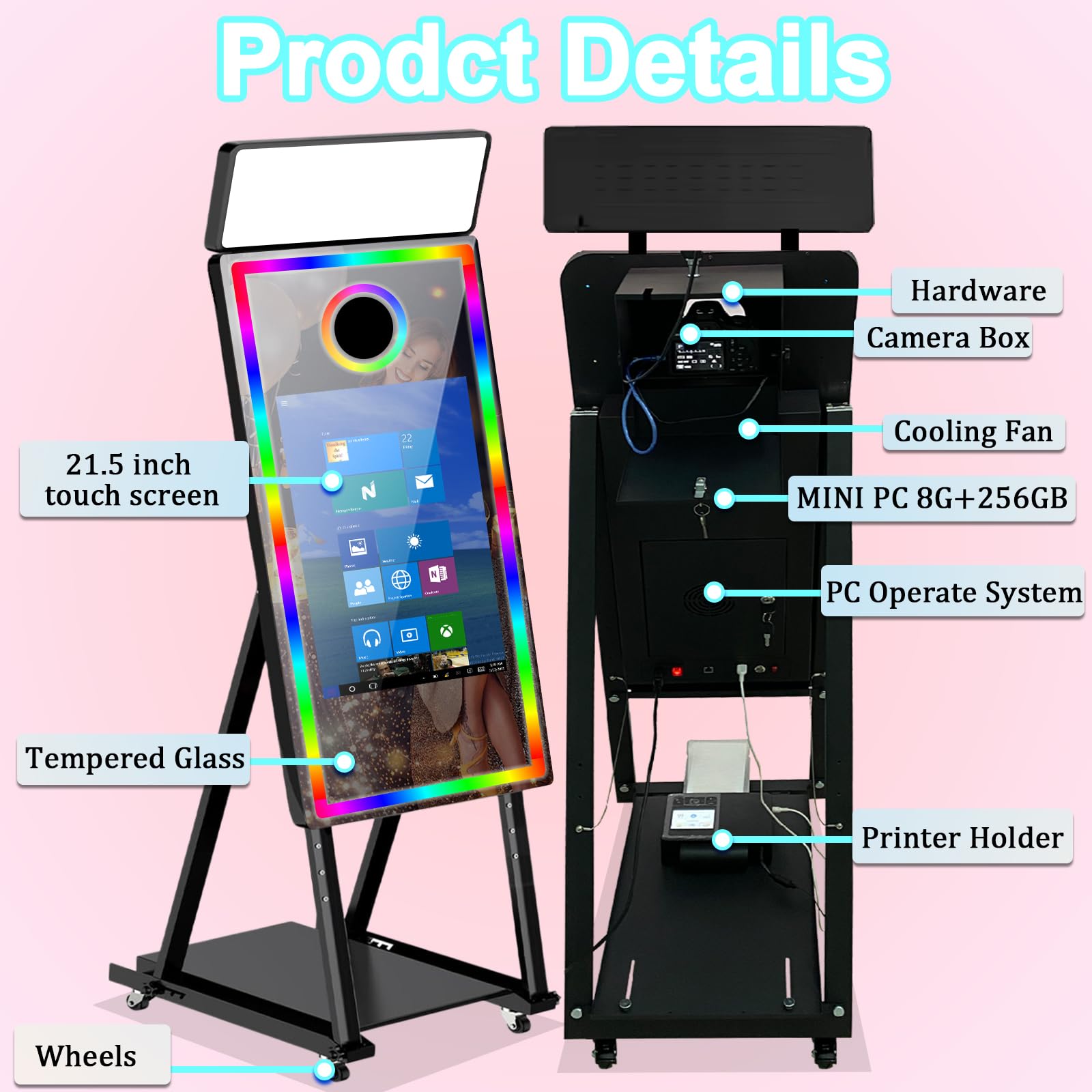 Macchina fotografica a specchio da 101,6 cm con touch screen interattivo da 21,5", con custodia da viaggio, mini PC integrato con stampa istantanea e condivisione per Natale, matrimoni, eventi, feste