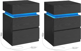 VASAGLE Nightstand, Set of 2, with Multi-Color Adjustable LED Strip, 3 | Nightstand, 0 x 35 x 55 cm, Modern Style, Black Wood, KAILYN LET0830B01 Collection