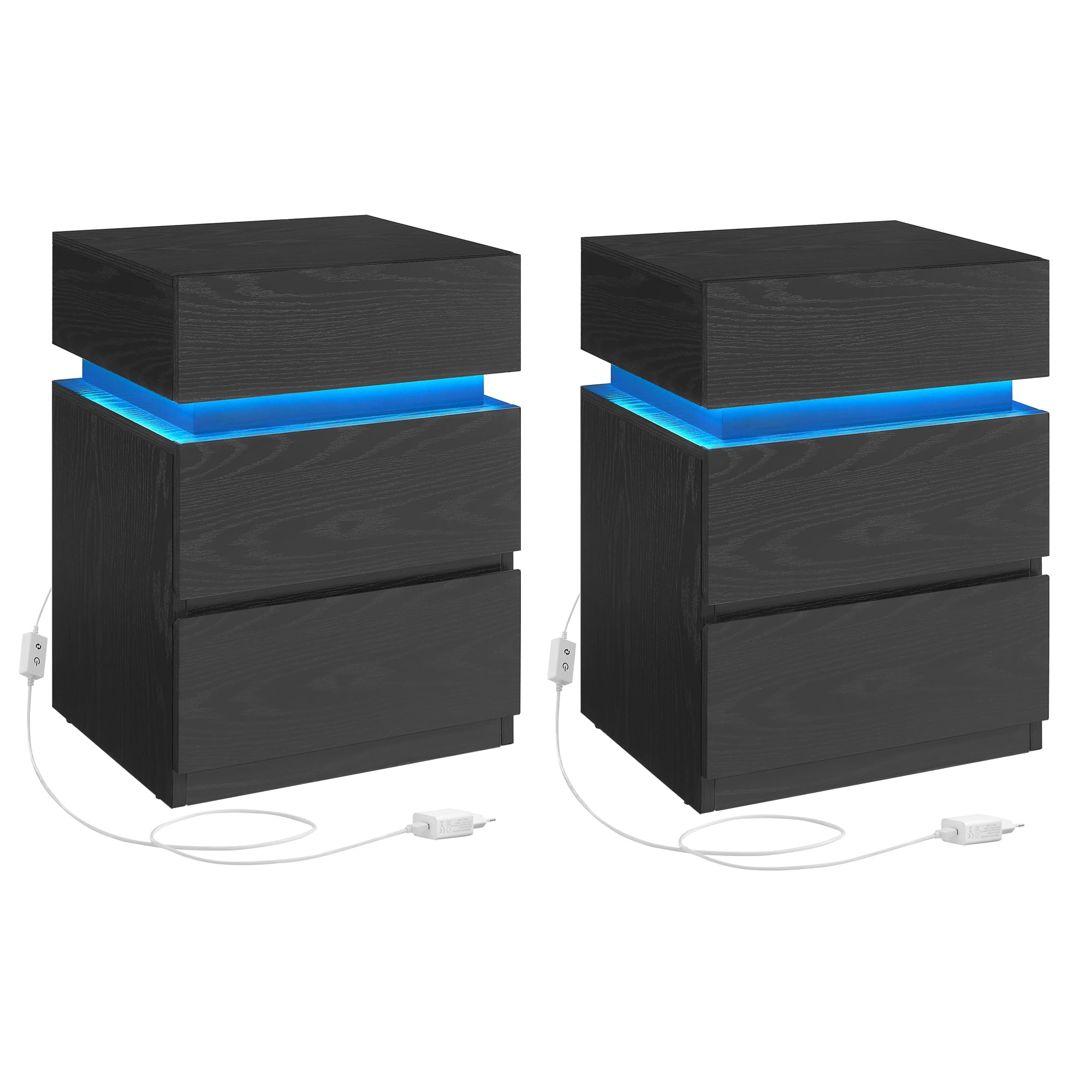 VASAGLE Kailyn Kollektion - Nachttisch 2er Set, LED-Beleuchtung, Beistelltisch, Sofatisch 3 Schubladen, Nachtschrank Schlafzimmer Wohnzimmer, modern, 35 x 40 x 55 cm, ebenholzschwarz LET0830B01