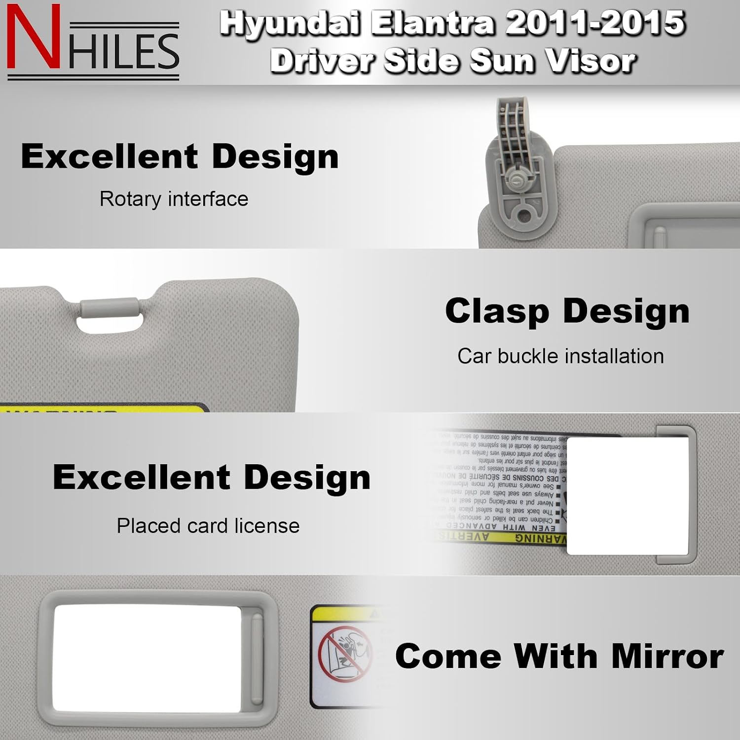NHILES Left Driver Side Sun Visor Replacement Compatible with Hyundai Elantra 2011 2012 2013 2014 2015 Replace# 852103X000TX Colour Gray
