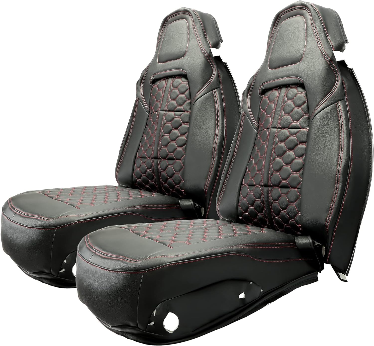 KUAFU Artificial Leather Seat Covers Compatible with 2014 2015 2016 2017 2018 2019 Corvette C7 Grand Touring All Seasons Front Seat Protectors (Black Cover + Red Stitching)