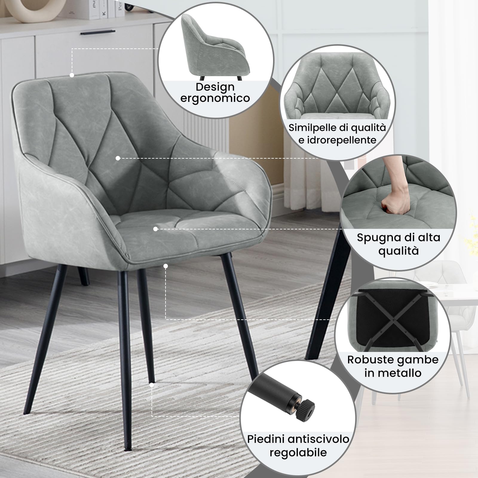 WOLTU Set di 2 Sedie da Pranzo con Braccioli e Schienale, Sedie Cucina Moderna in PU Vintage, Poltrone da Salotto con Gambe in Metallo, Sedie ergonomiche per Ufficio,Bar, Grigio,