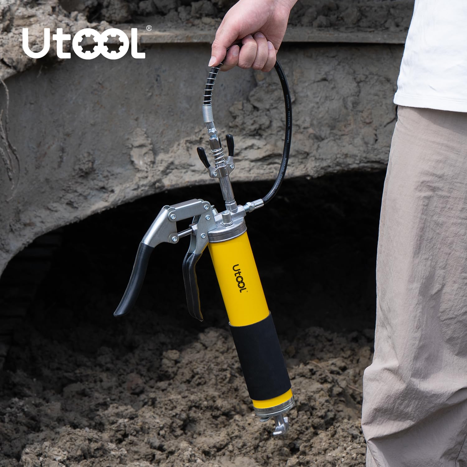 UTOOL Pistolet do smarowania, zestaw smarownic 8000 PSI Heavy Duty z uchwytem pistoletowym z obciążeniem 400 ml, zawiera opatentowany łącznik z podwójnym uchwytem, plus wąż sprężynowy 18 cali,