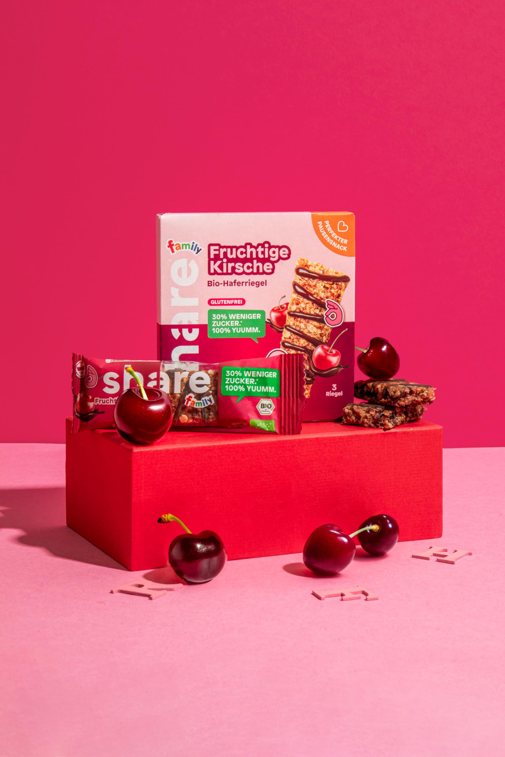 share Family Bio Bar Fruchtige Kirsche Haferriegel 12x(3x25g) | Vegan, Glutenfrei, Zuckerreduziert, Ballaststoffreicher Müsliriegel Snack für Kinder – Jeder Kauf spendet