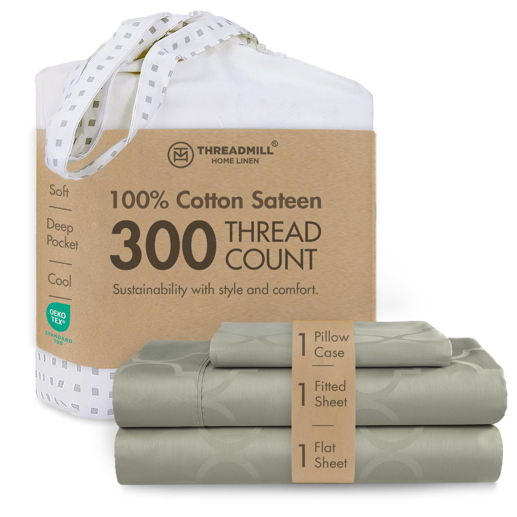 Threadmill Cotton Twin XL Sheet Set | 100% Cotton Sheets for Twin XL Size Bed | Damask Jacquard Sateen Twin XL Bed Sheets Set with 16” Deep Pocket |