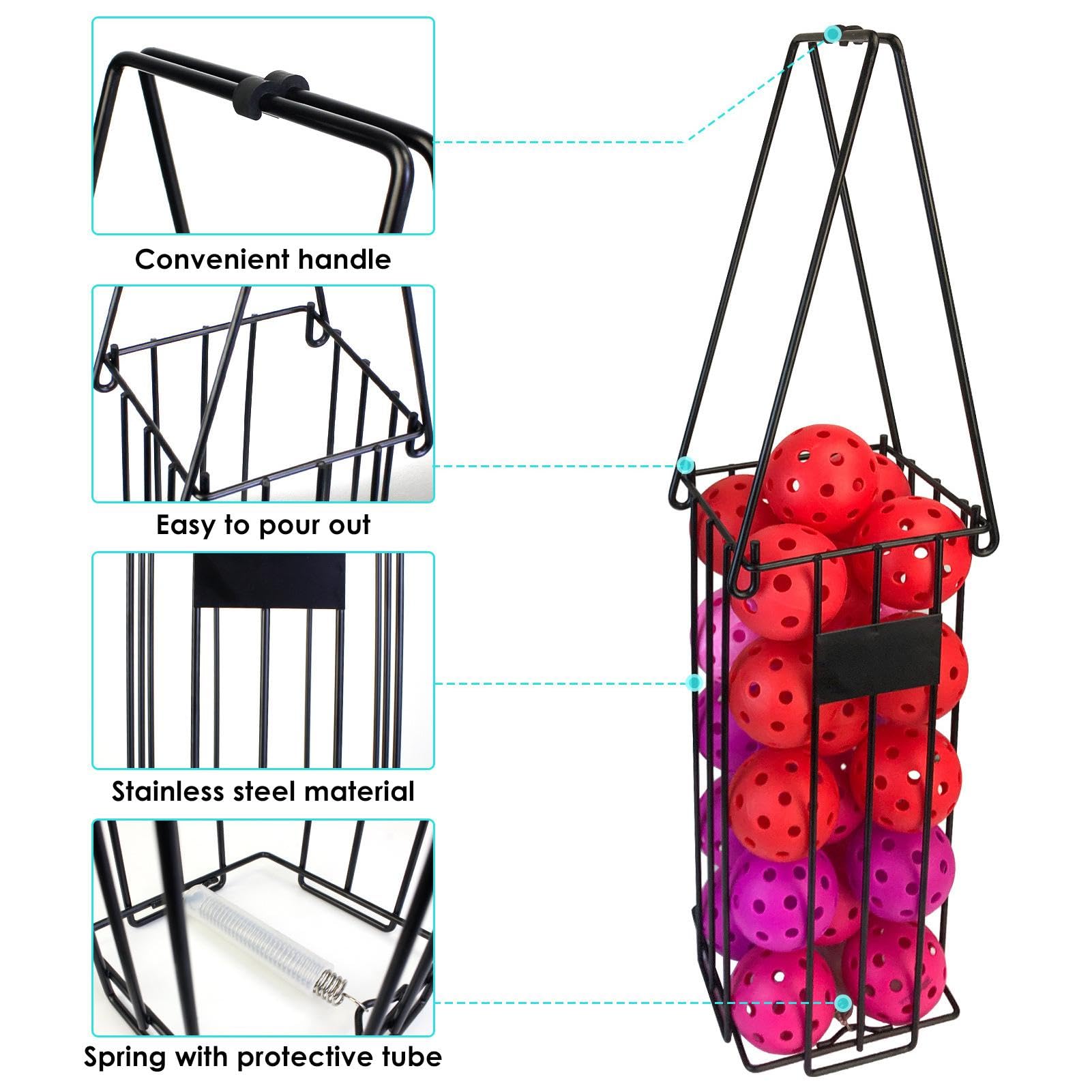 Cesta recogedora de pelotas de tenis de acero inoxidable con mango