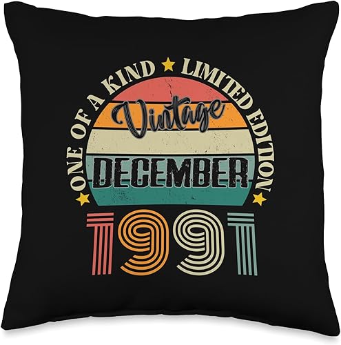 33 Year Old Vintage December 1991 33rd Birthday Retro Throw Pillow, 16x16, Multicolor