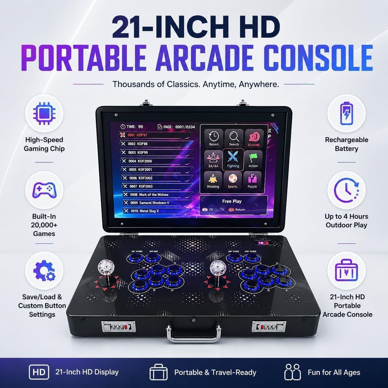 Mini console portatile di gioco arcade, schermo a 21 pollici, scatola