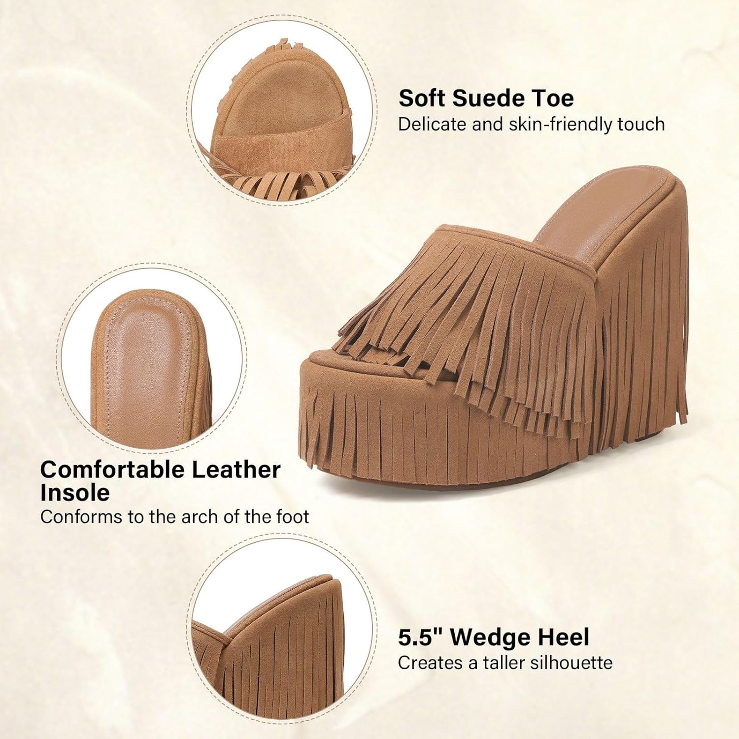 CYNLLIO Fringe Platform Sandals Women Dressy Wedge Heels Summer Boho Shoes Slip on Open Toe Slides Tassels Beach Slippers