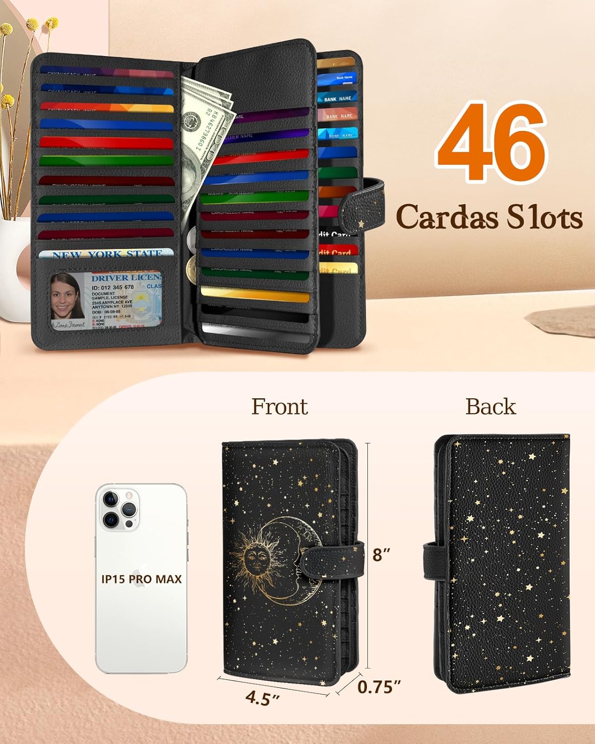 Bistup 【46 Slots Credit Card Holder for Women Ladies Female Teen Girls Rfid Genuine Leather Cardholder Large Capacity Size Big Billfold Wallets Sun and Moon Cute Girly Aesthetic Print Unique - Image 2