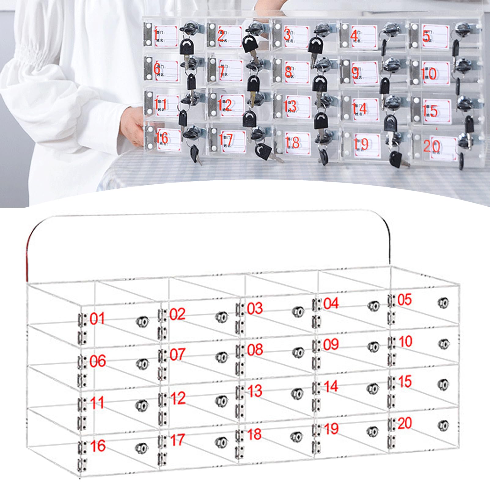 Ddasam Phone storage box,20 grids Clear Cell Phone Locker Box with Door Locks and Keys, Clear Acrylic Box, Wall-Mounted Cell Phones Storage Cabinet Pocket Storage Locker Box