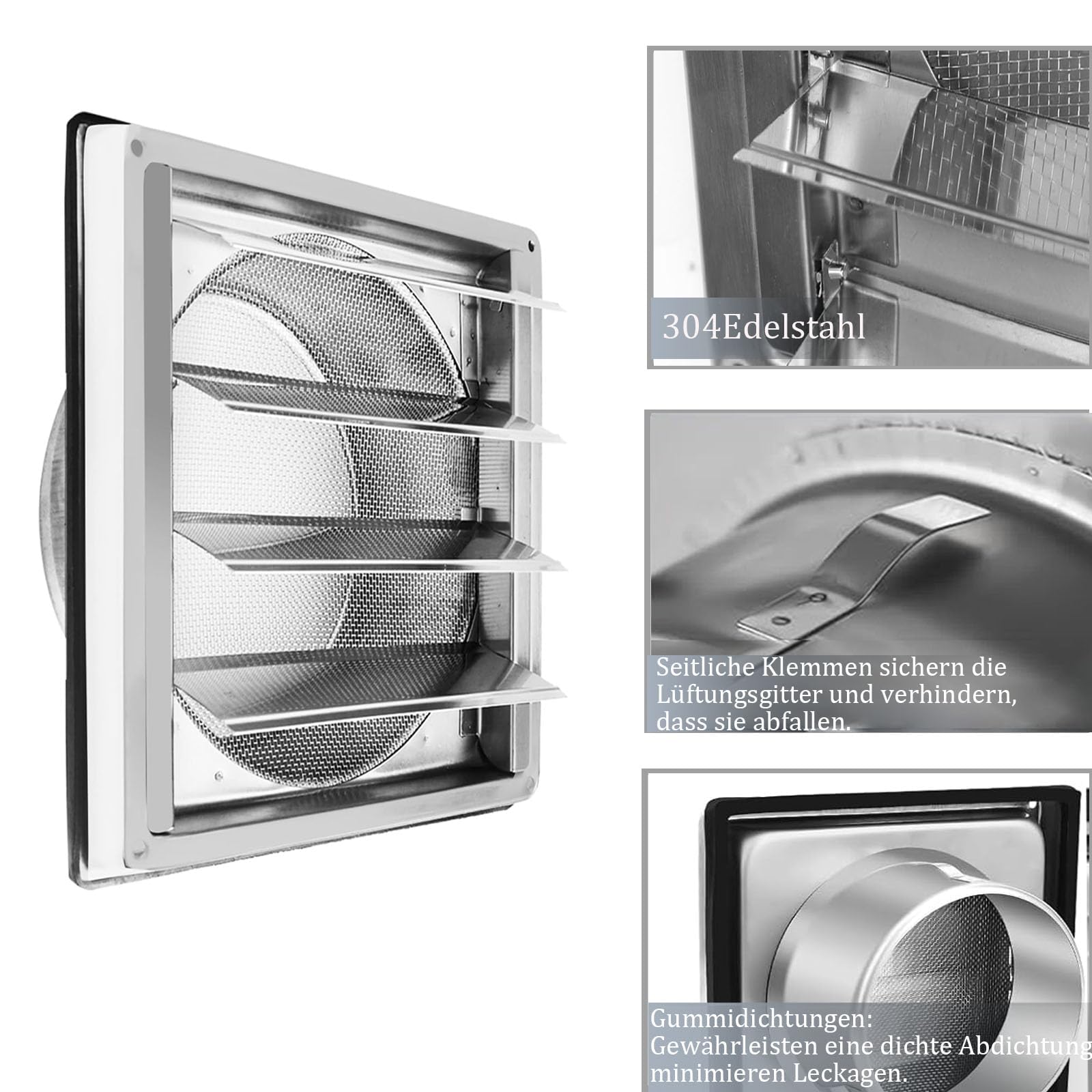 Rejilla de Ventilación de 150 mm, 304 de Acero Inoxidable, con Válvula Antirretorno, Láminas Móviles, Rejilla de Protección Contra Insectos, con Arandelas de Goma, para Conductos VMC
