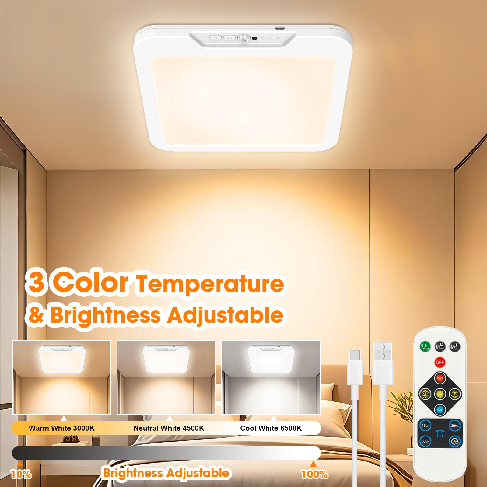 Lámpara de techo recargable con sensor de movimiento y control remoto, 3 temperaturas de color (3000 K/4500 K/6500 K), temporizador y pilas USB-C para baño, ducha, escaleras, pasillo, garaje, despensa