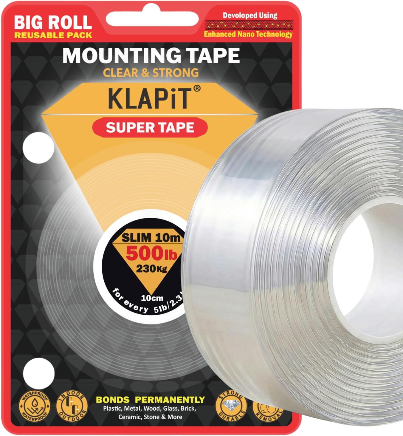 SUPER TAPE Double Sided Heavy Duty Mounting Tape Holds 500 Pounds or 230Kg Weight Using Enhanced Nano Technology. Clear Tape for Wall, Wood, Tile, Stone, Glass, Metal and Acrylic Slim 10m