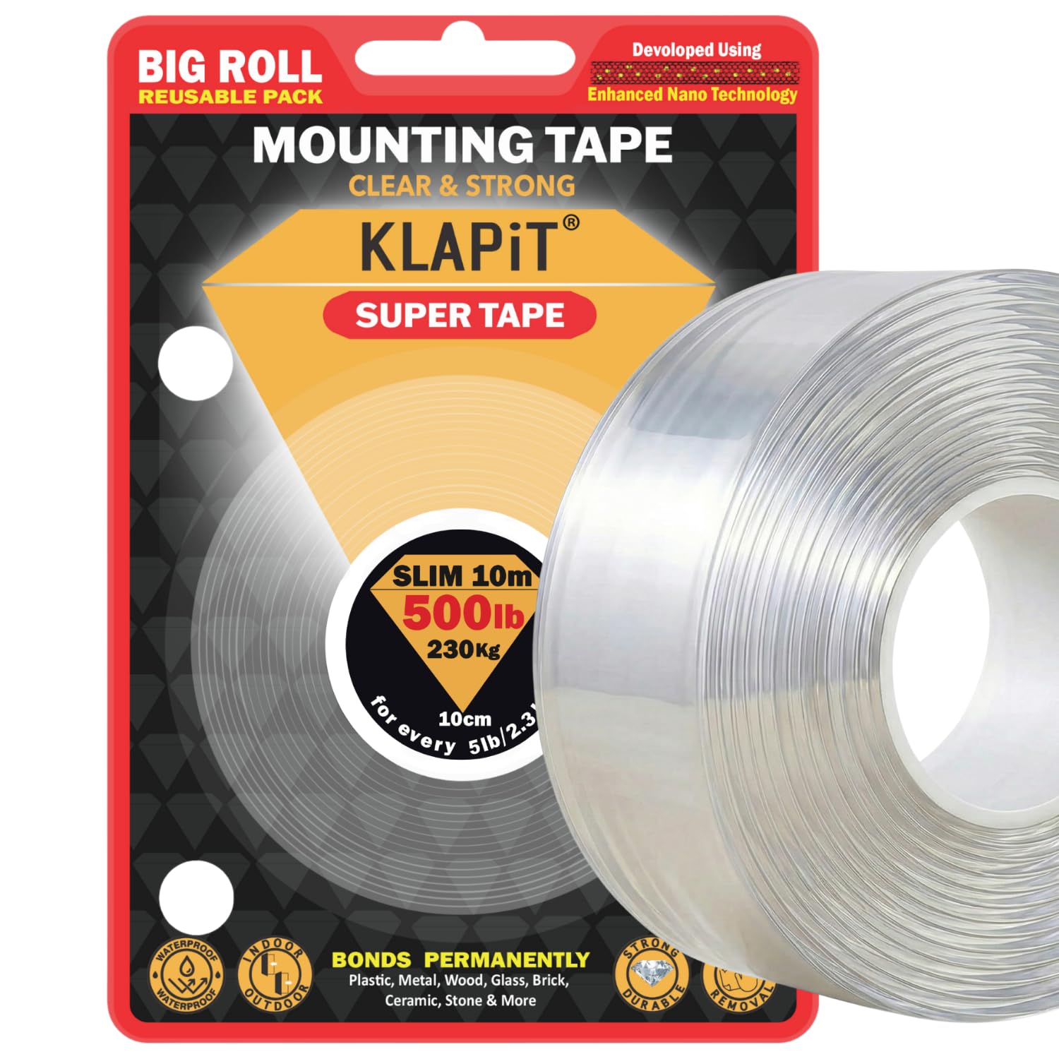 KLAPiT Super Tape - Nastro biadesivo trasparente, impermeabile, resistente, montaggio con nanotecnologia avanzata, può contenere fino a 230 kg per casa, ufficio, cucina, bagno, funziona su pareti