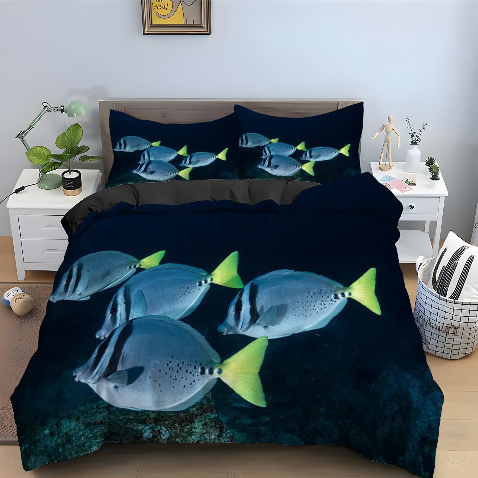 Parure lit poisson 240 x 260 pour instaurer une ambiance marine apaisante dans la chambre