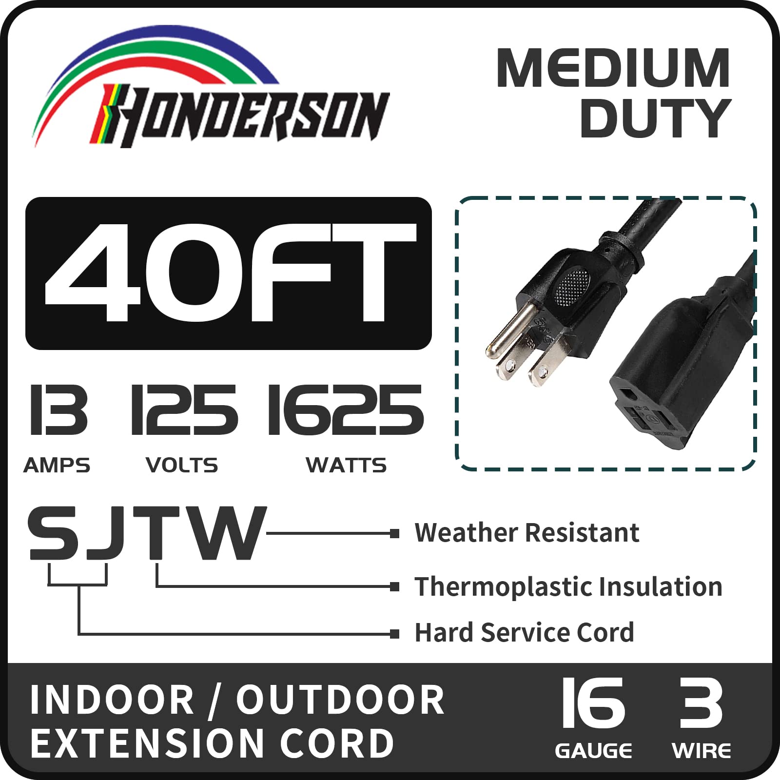 40FT Outdoor Extension Cord-16/3 SJTW Durable Black Extension Cable with 3 Prong Grounded Plug for Safety