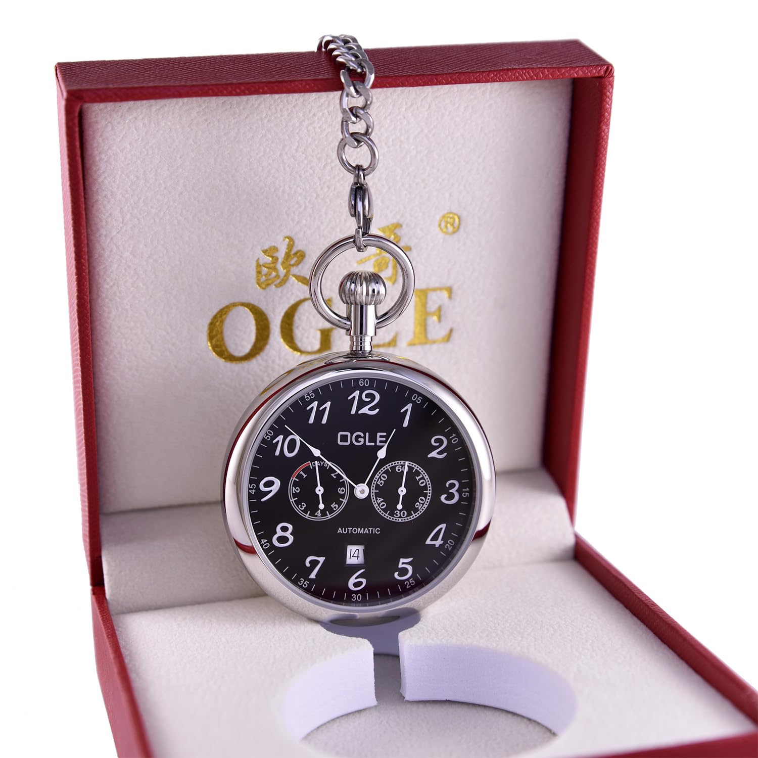 OGLE Waterproof Stainless Steel Week Day Calendar Multifunction Large Size Fob Self Winding Automatic Skeleton Mechanical Pocket Watch (Silver Case&Black Dial)