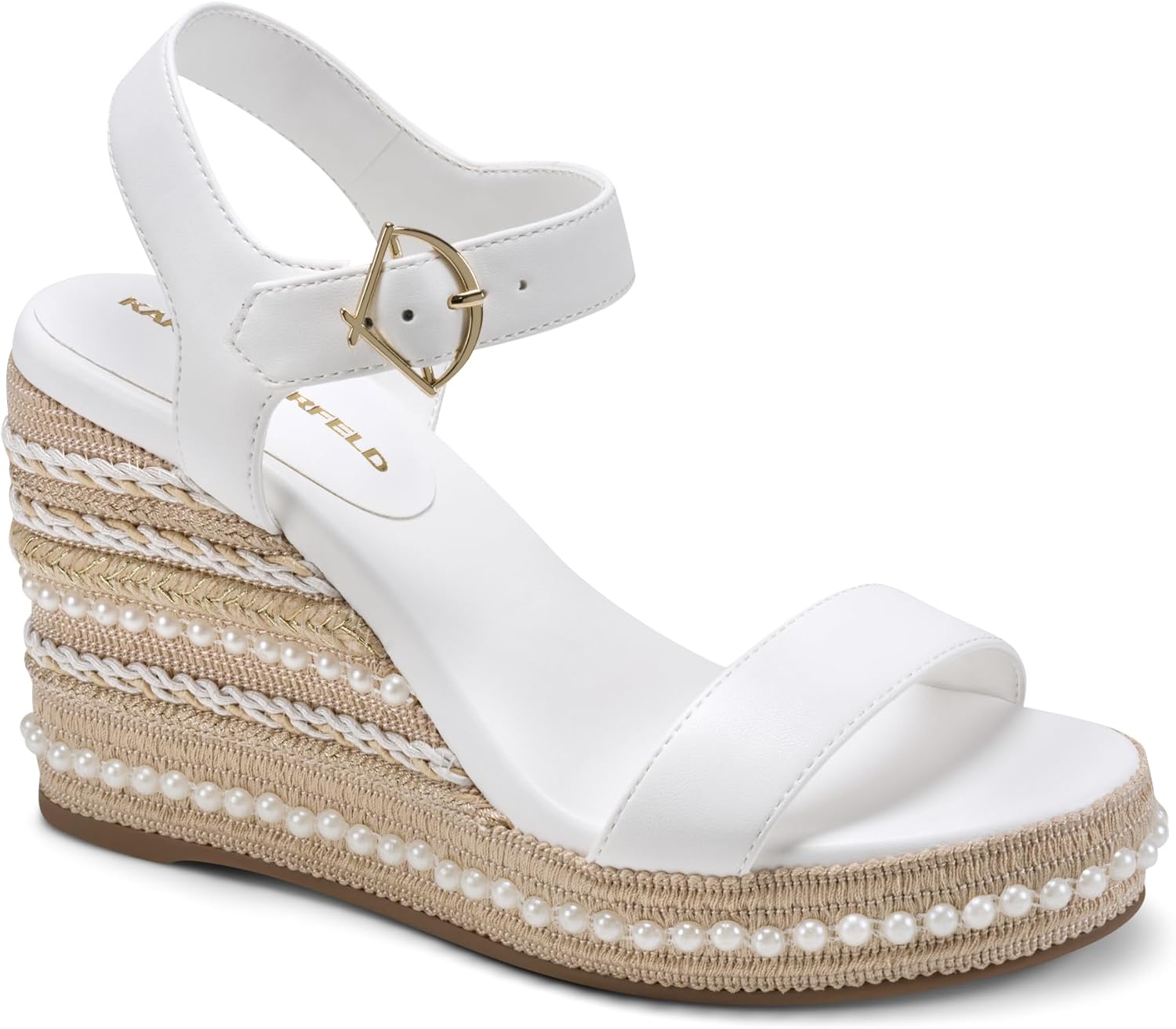 KARL LAGERFELD Women's Calzona Wedge Sandal With Pearl Embellishments