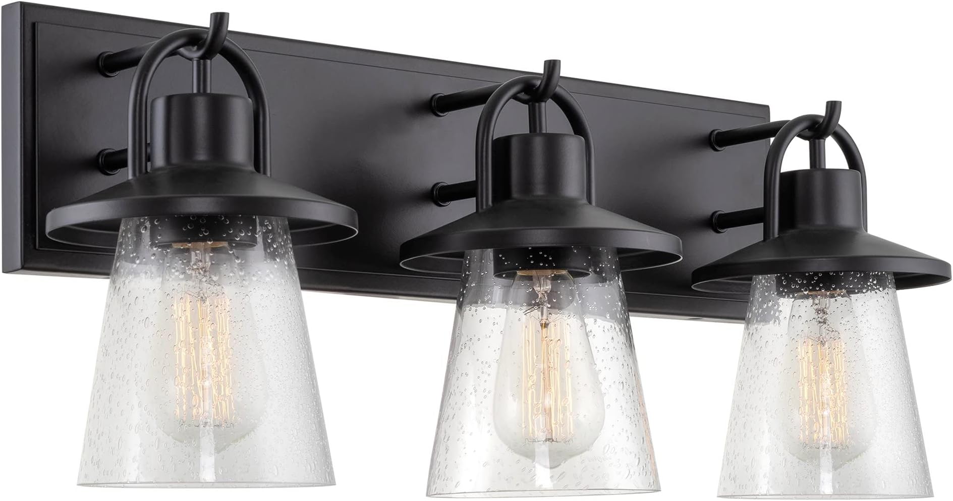 Kira Home Holden 23.5" 3-Light Modern Farmhouse Vanity/Bathroom Light, Hanging Lantern Style + Cone Metal Seeded Glass Shades, Black Finish