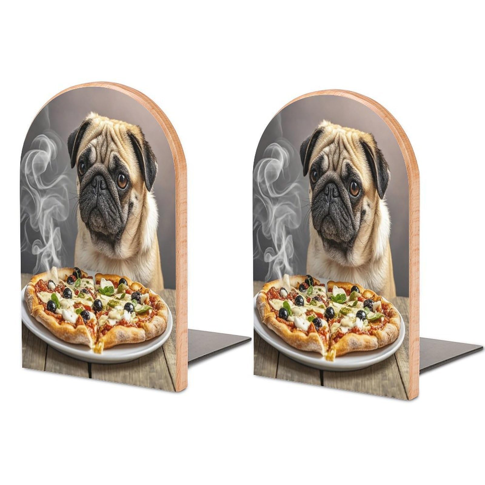 Pug Pizza Bookend Non-Skid Wooden Bookends for Shelves Heavy Duty Wood Book Ends Decorative Book Stopper Book Stand Non-Slip Book Organizer for Home Office Library