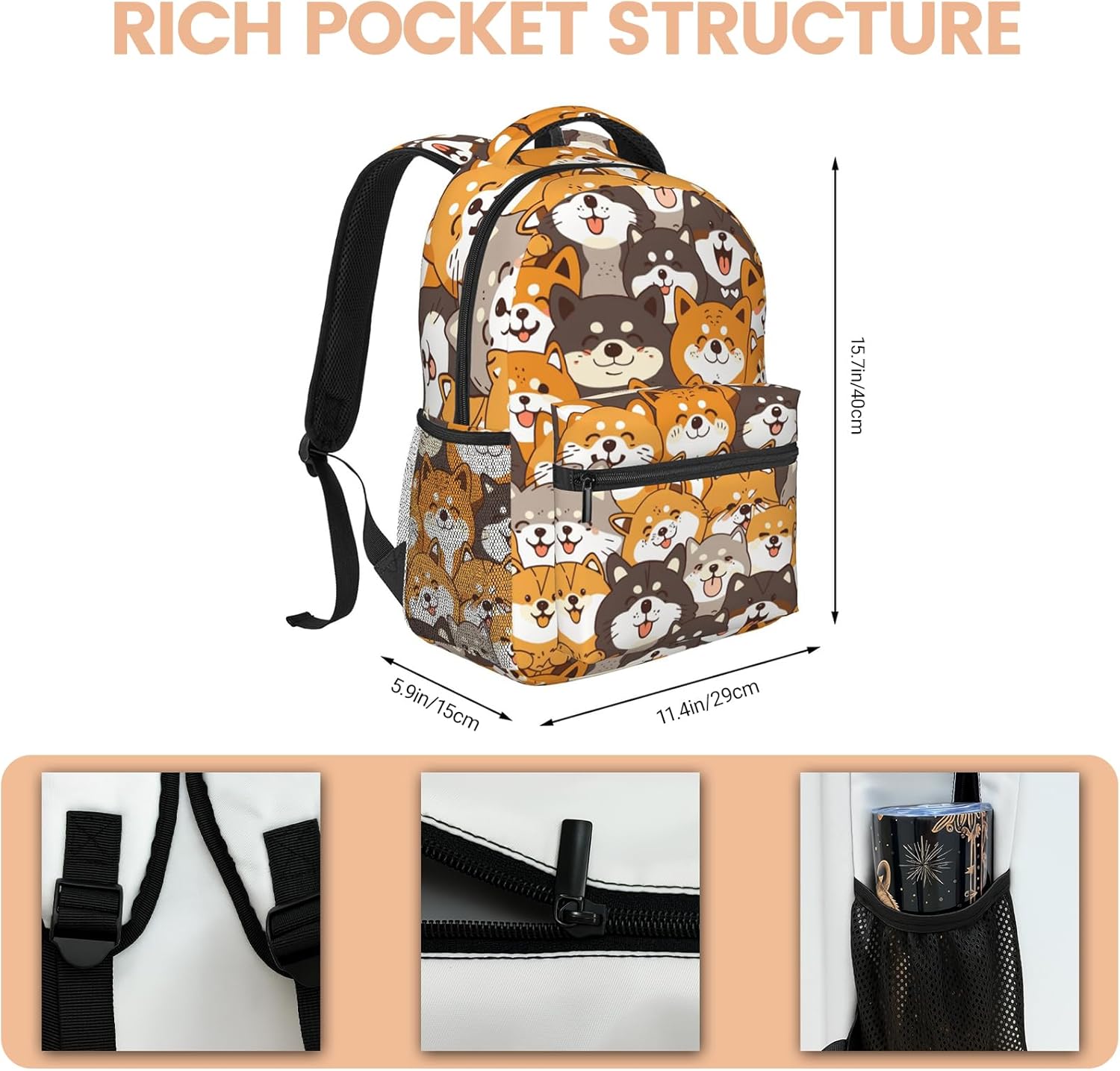 Cute Shiba Inu Dog Backpack with Cushioned Straps for Laptop Tablet,11.4×5.9×15.7in,Playful Puppy Back Pack for Travel School Work,Multi-Pocket Storage Bookbag,Ideal Gifts for Teens Pet Lovers