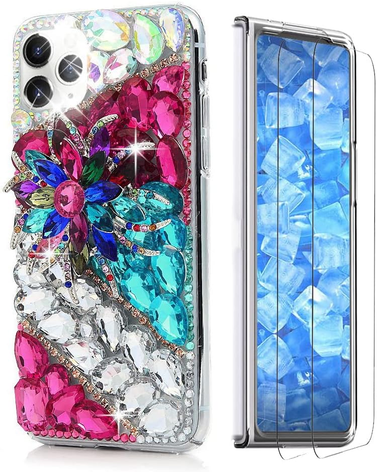 Glitter Phone Case Compatible with Samsung Galaxy Z Fold 3 5G - 3D Luxury Girls Women Shiny Design Handcrafted Cover with Screen Protector (2 Pack Front) - Colorful Luxury Flower