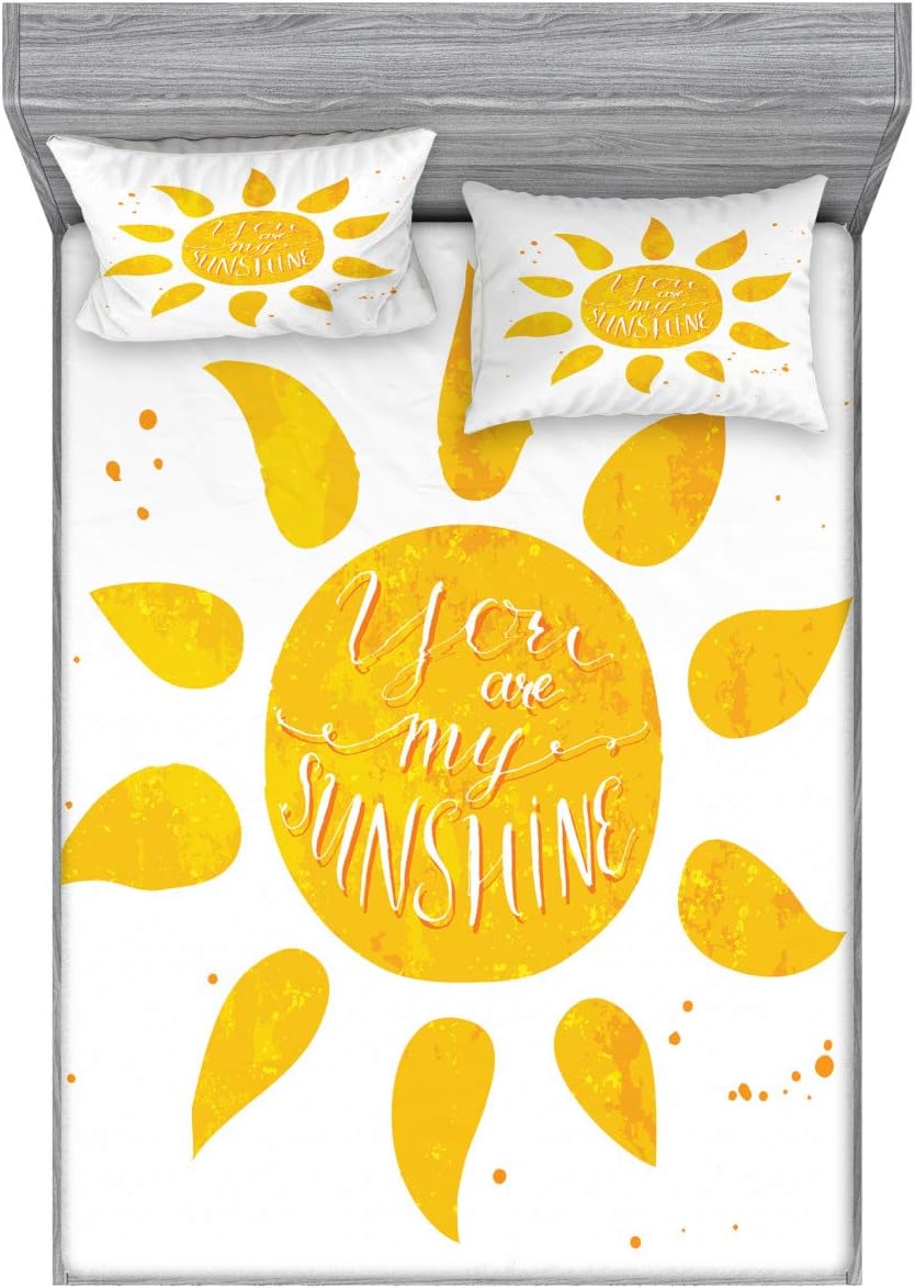 Ambesonne Saying Fitted Sheet & Pillow Sham Set, Sunshine Lettering Grungy Effects Featured Better Half Abstract, Decorative Printed 3 Piece Bedding Decor Set, Full, Yellow Marigold