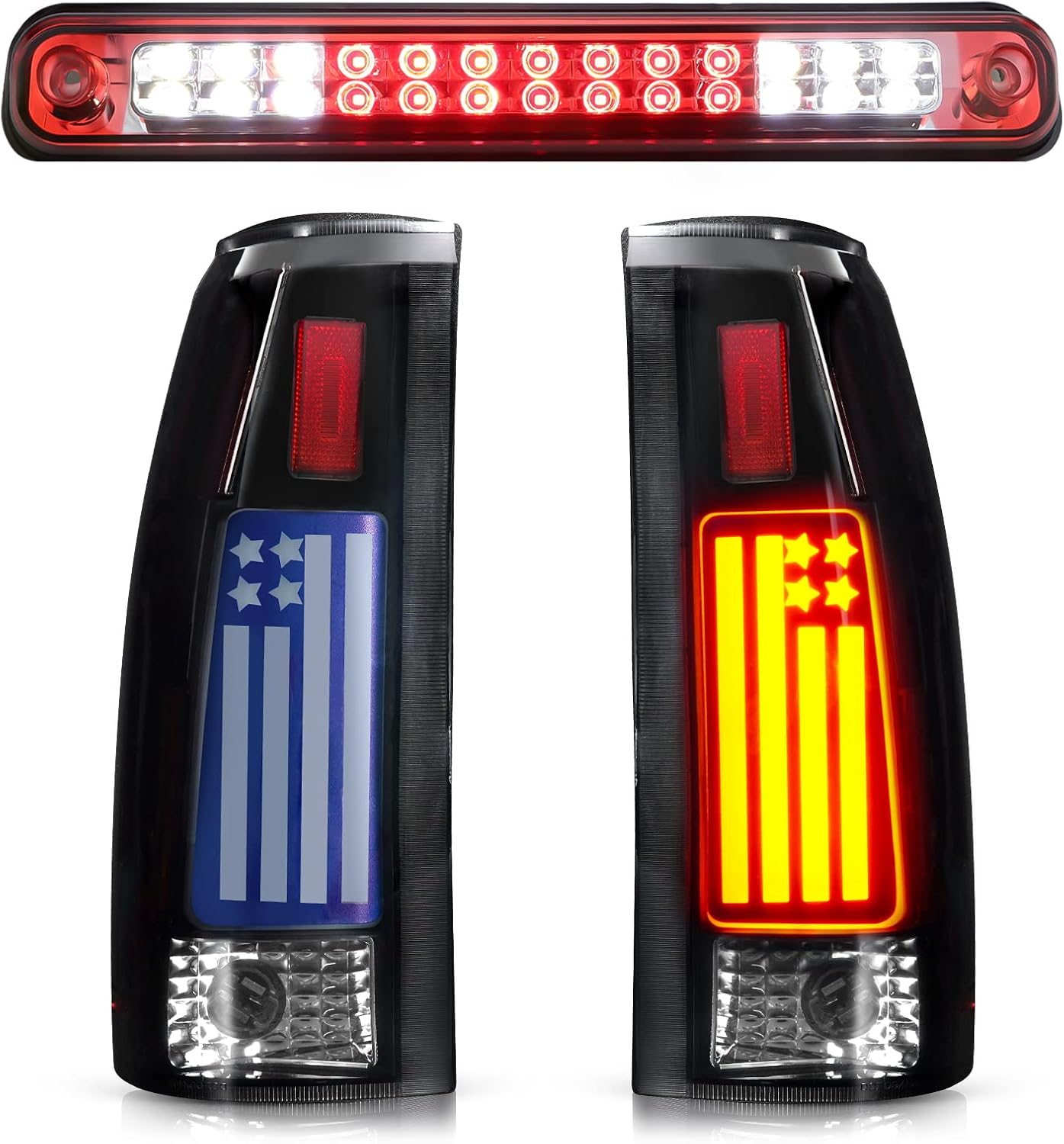 Tail Lights Assembly + 3rd Brake Cargo Light for Chevy GMC C/K 1500 2500 3500 88-99, for Chevy Silverado 94-98, for Blazer 92-94, LED Taillights and High Mount Stop Light Kit, 3 Pcs, Clear Lens
