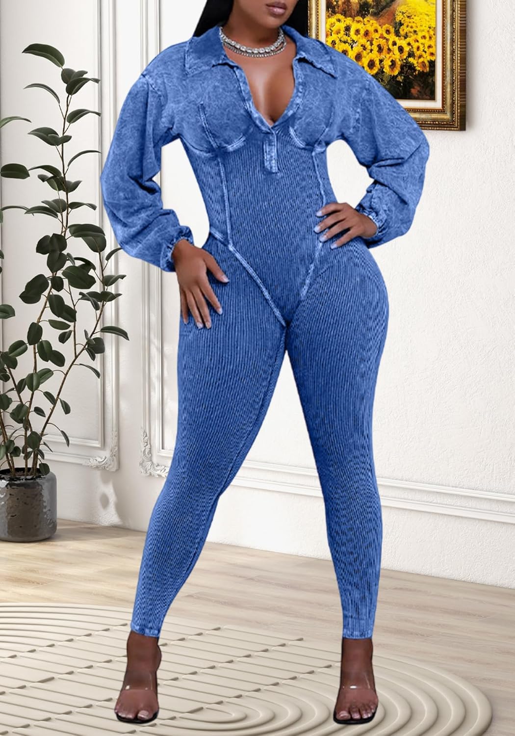 Womens Distressed Long Sleeve Jumpsuits Sexy Ribbed Patchwork Bodycon Long Rompers Casual One Piece Outfits - Image 4