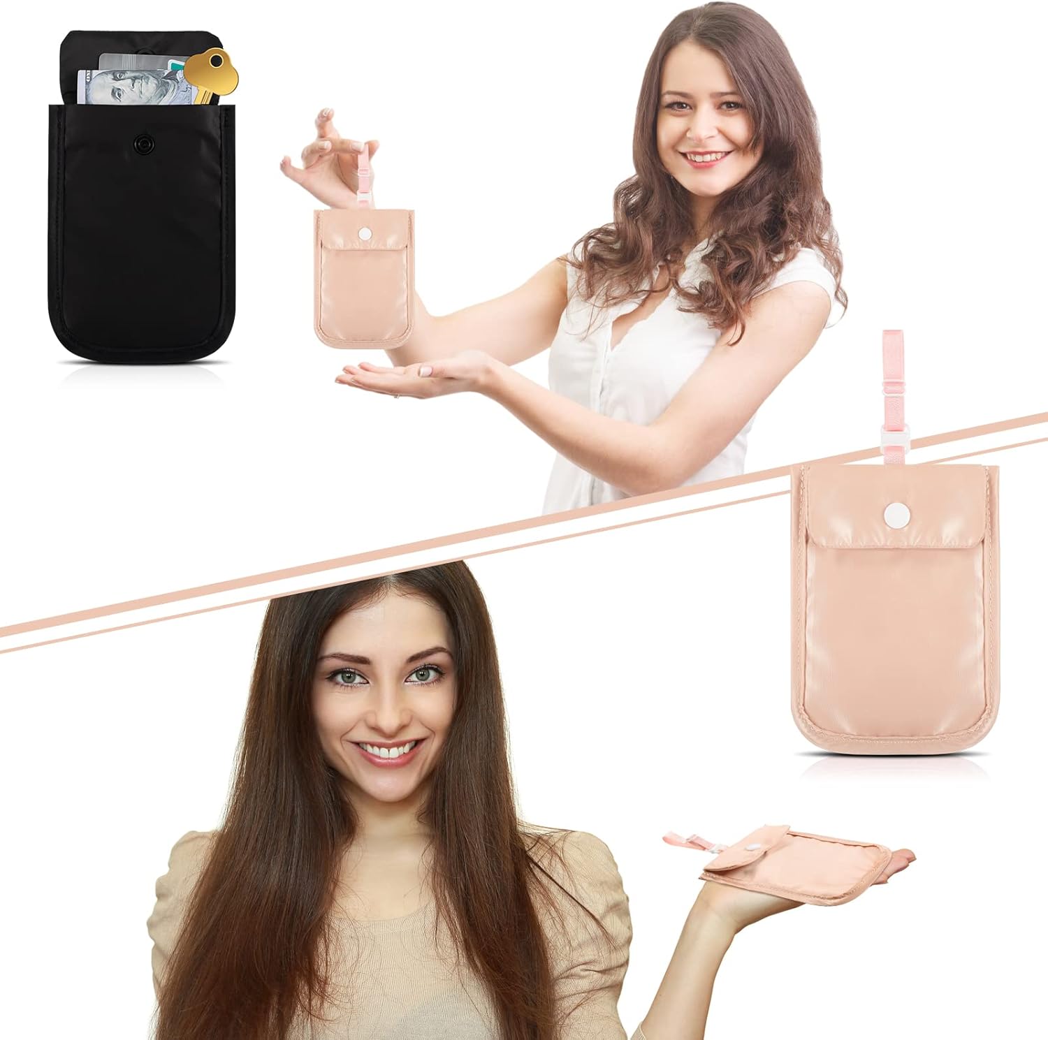 2 Pieces Travel Bra Wallet for Women Hidden Bra Wallet Pickpocket Proof Under Clothes Money Belt Pouch Secret for Passport Money Valuables(4 x 5.4 Inch,Black, Pink) - Image 4