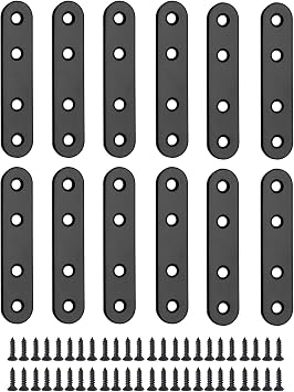 Jiozermi 12 Pcs Straight Brace, Flat Brace 3.15 x 0.69, Stainless Steel Straight Bracket, Mending Joining Plates for Wood, Board, Bed Frame, Furniture & Shelves, Matte Black