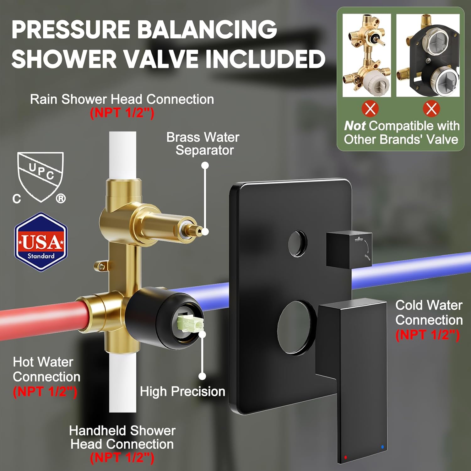 Kurpot Black Shower System, Wall Mounted Shower Faucet Set with Valve, 10-Inch Rainfall Shower Head with Handheld Combo Spray, 59'' Long Shower Hose and Shower Trim Kit, Matte Black
